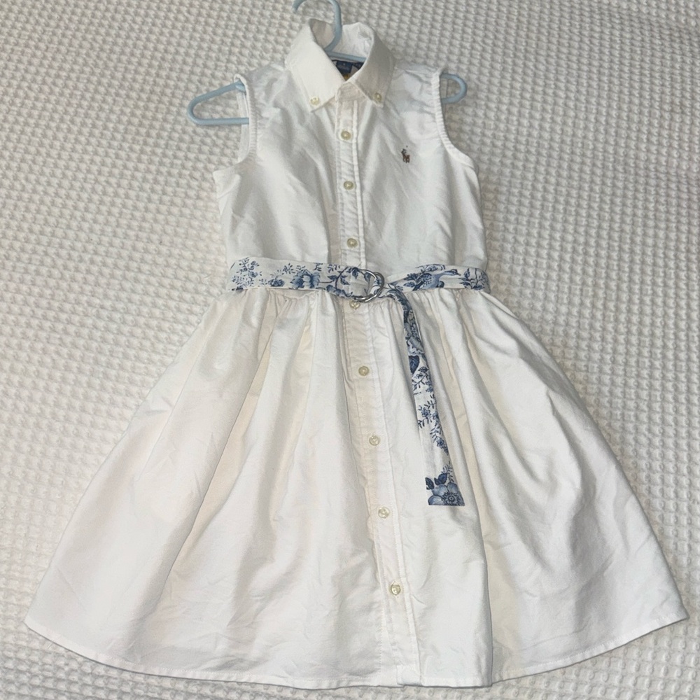 Polo Ralph lauren White Sleeveless Kids Dress with Blue Floral Belt